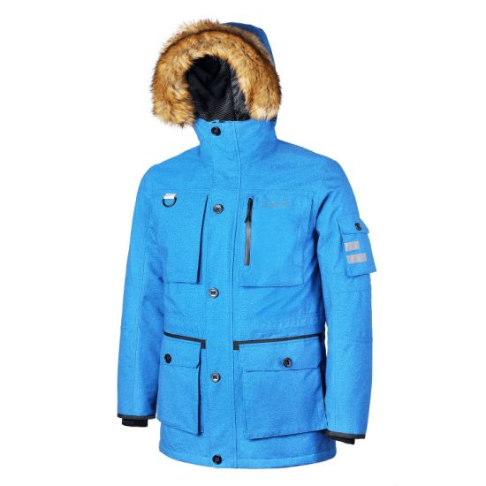 Men′s Hoodie with Fake Fur Padded Blue Waterproof Multi Functional Pocket Jacket